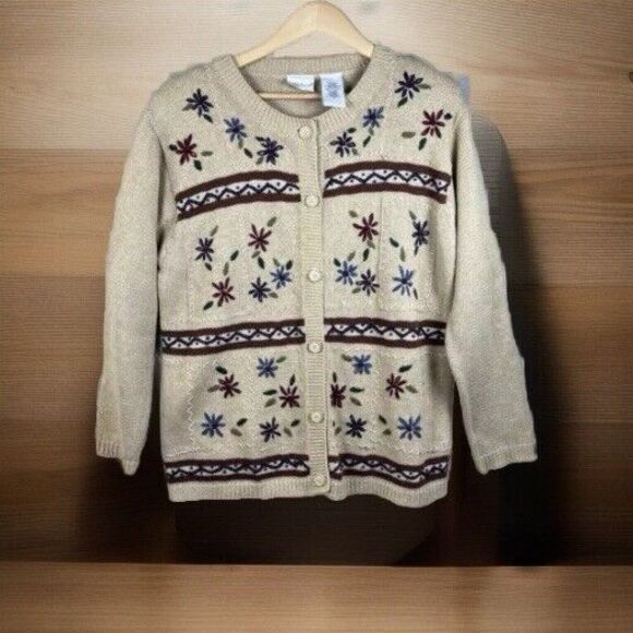 Vtg‎ Cardigan M Sweater Brown Embroidered Floral Y2K Oversized Cottage Grandma - Picture 1 of 8